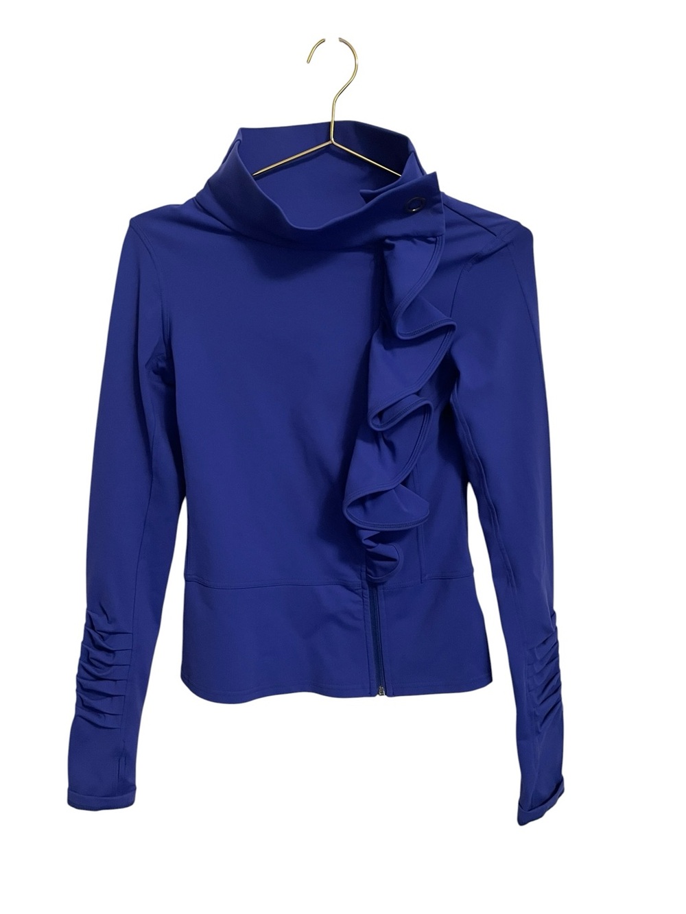 Karma Athletics Royal Blue Ruffle Funnel Neck Zip Up Jacket Small Athleisure